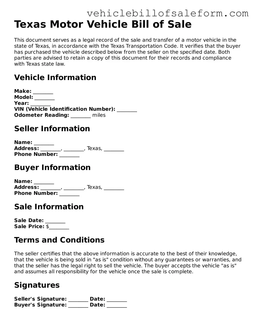 Printable  Motor Vehicle Bill of Sale Template for Texas