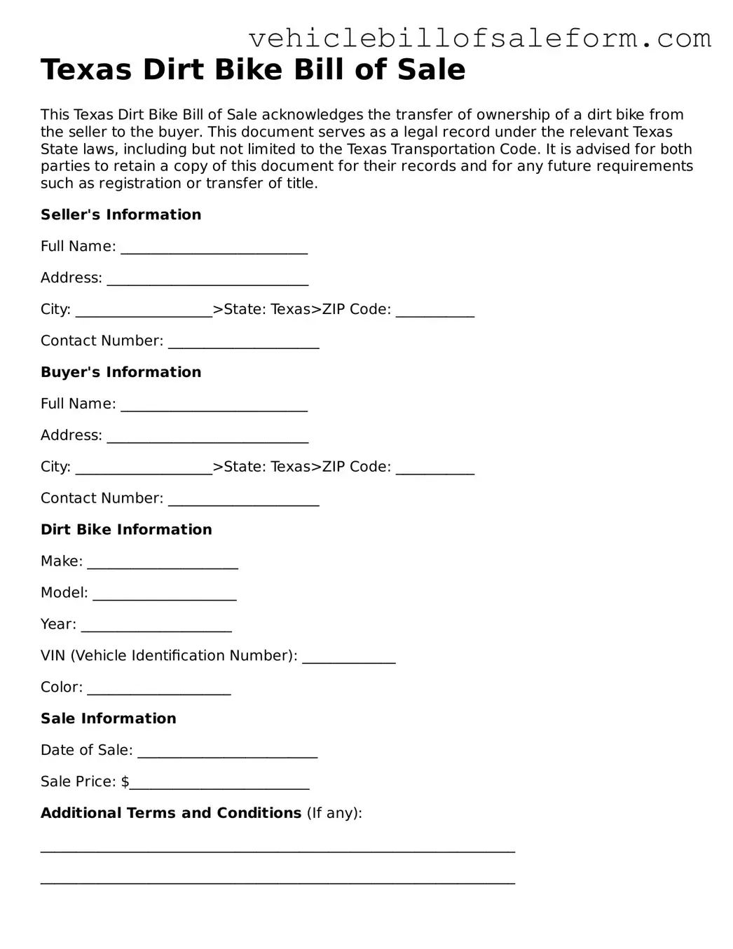 Printable  Dirt Bike Bill of Sale Template for Texas