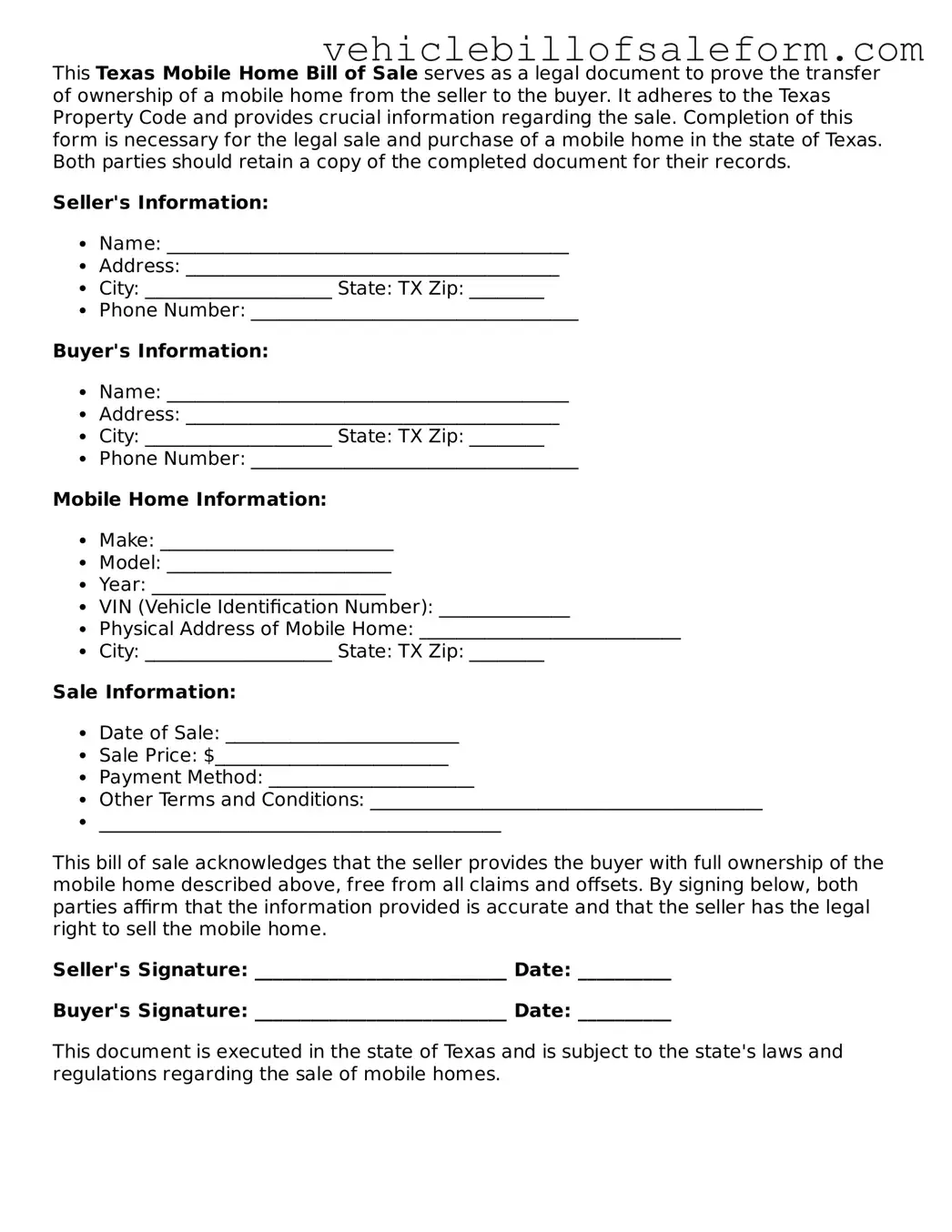 Printable  Mobile Home Bill of Sale Template for Texas