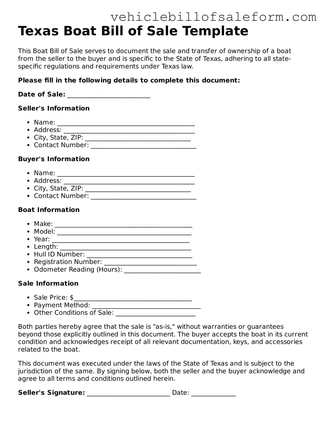 Printable  Boat Bill of Sale Template for Texas