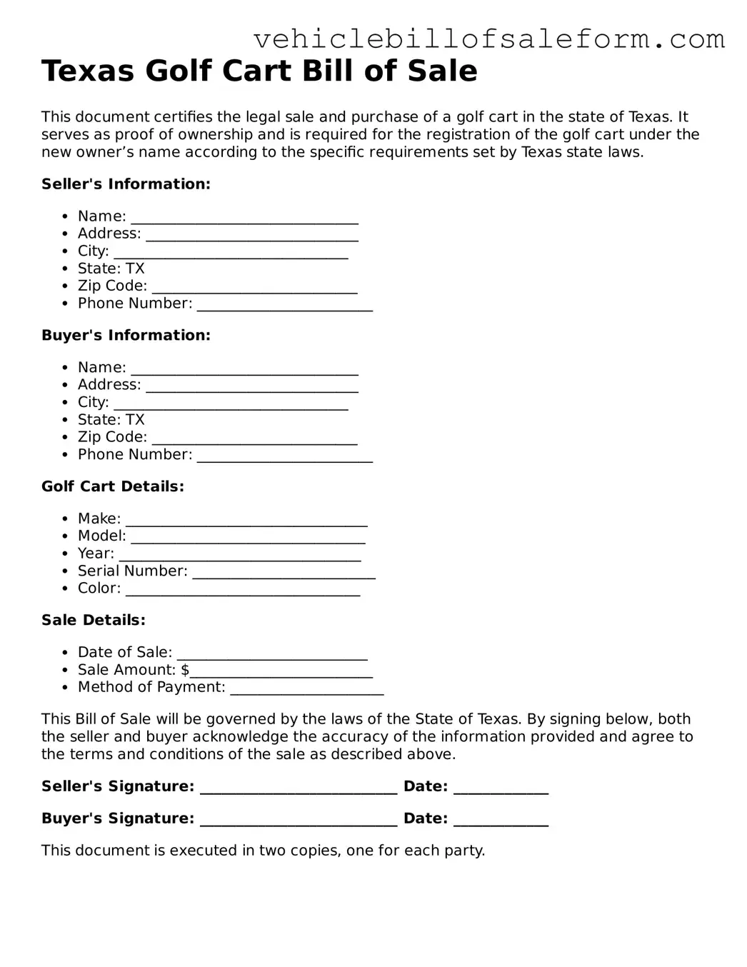 Printable  Golf Cart Bill of Sale Template for Texas