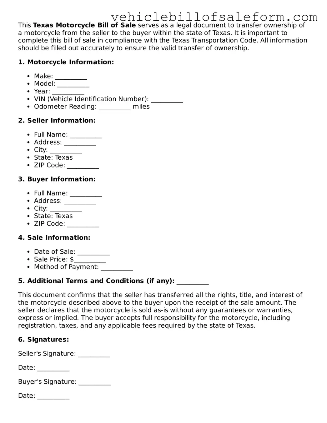 Printable  Motorcycle Bill of Sale Template for Texas
