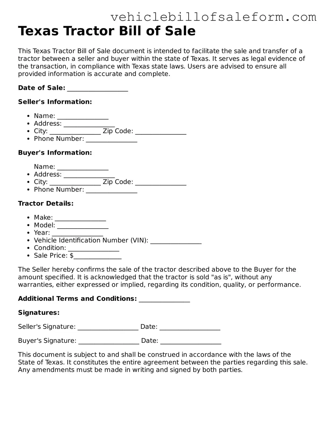 Printable  Tractor Bill of Sale Template for Texas