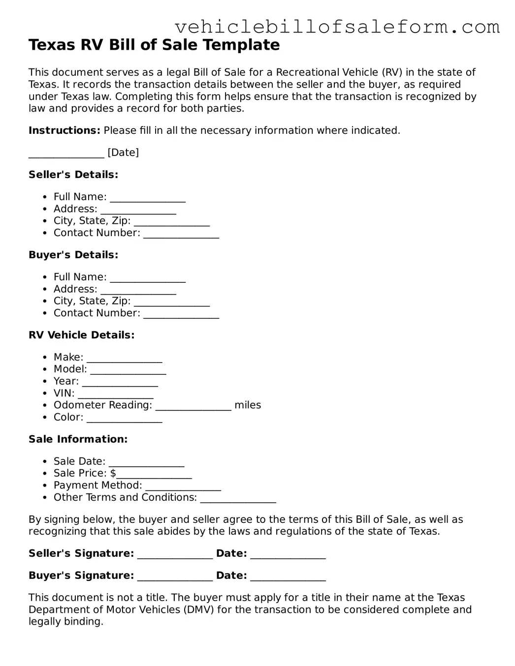 Printable  RV Bill of Sale Template for Texas