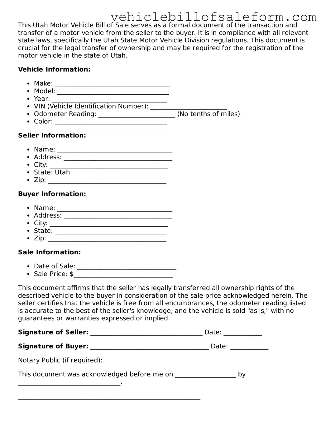 Printable  Motor Vehicle Bill of Sale Template for Utah