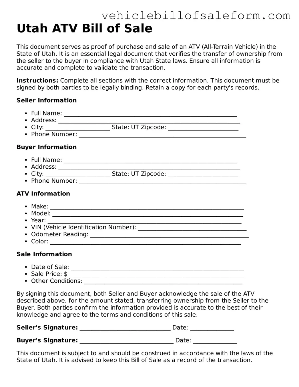 Printable  ATV Bill of Sale Template for Utah