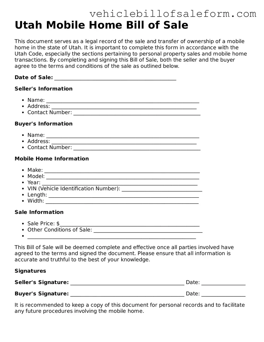 Printable  Mobile Home Bill of Sale Template for Utah