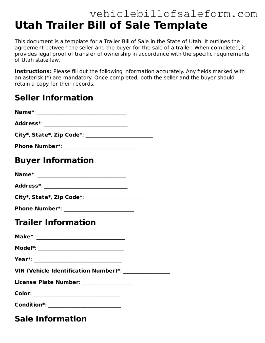 Printable  Trailer Bill of Sale Template for Utah