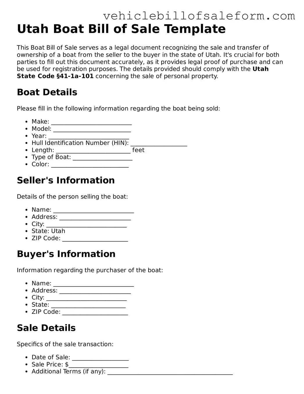 Printable  Boat Bill of Sale Template for Utah