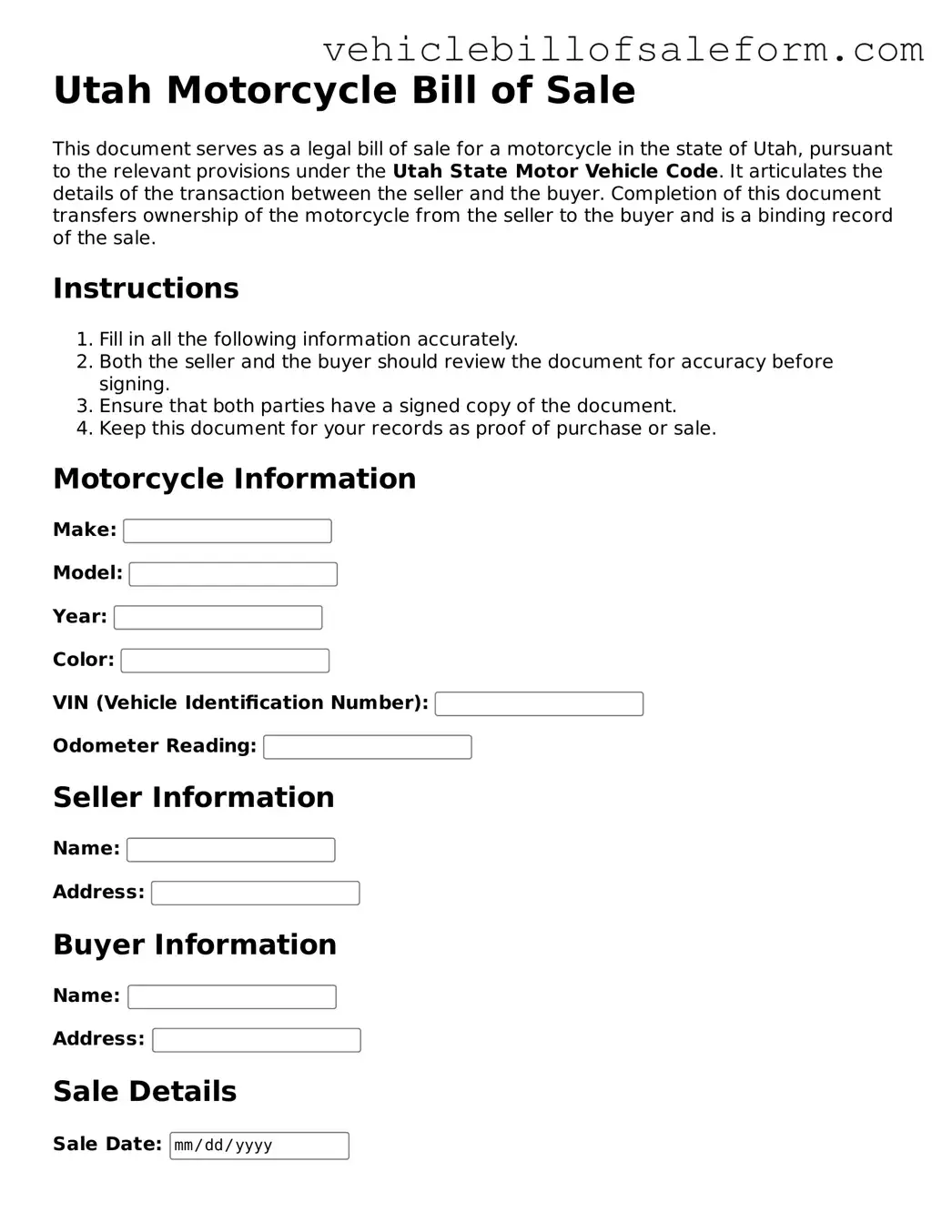 Printable  Motorcycle Bill of Sale Template for Utah