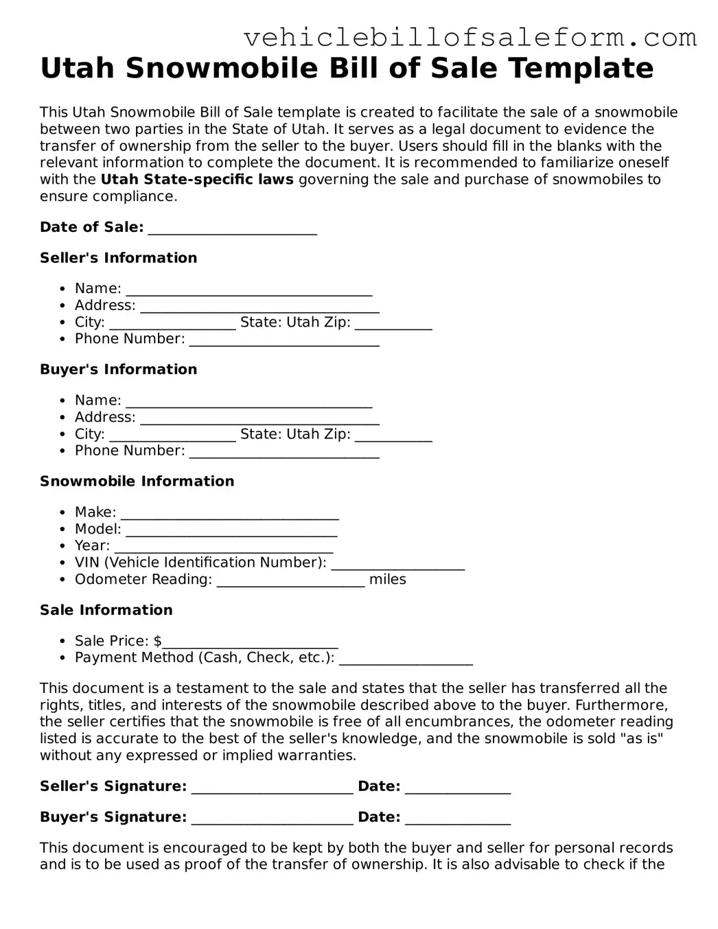 Printable  Snowmobile Bill of Sale Template for Utah