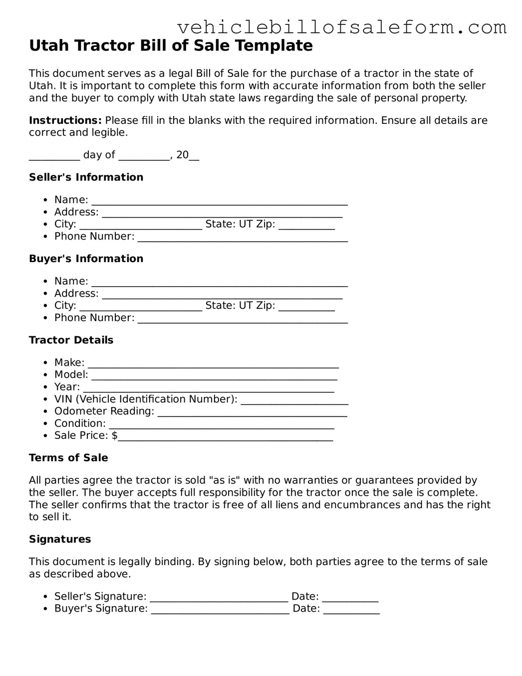 Printable  Tractor Bill of Sale Template for Utah