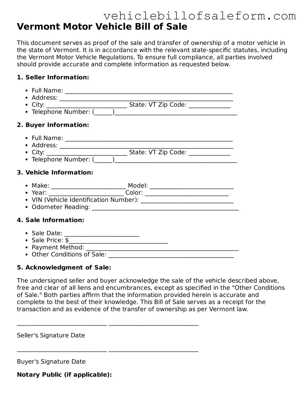 Printable  Motor Vehicle Bill of Sale Template for Vermont