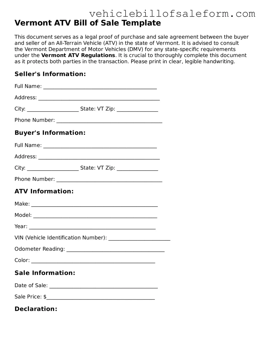 Printable  ATV Bill of Sale Template for Vermont