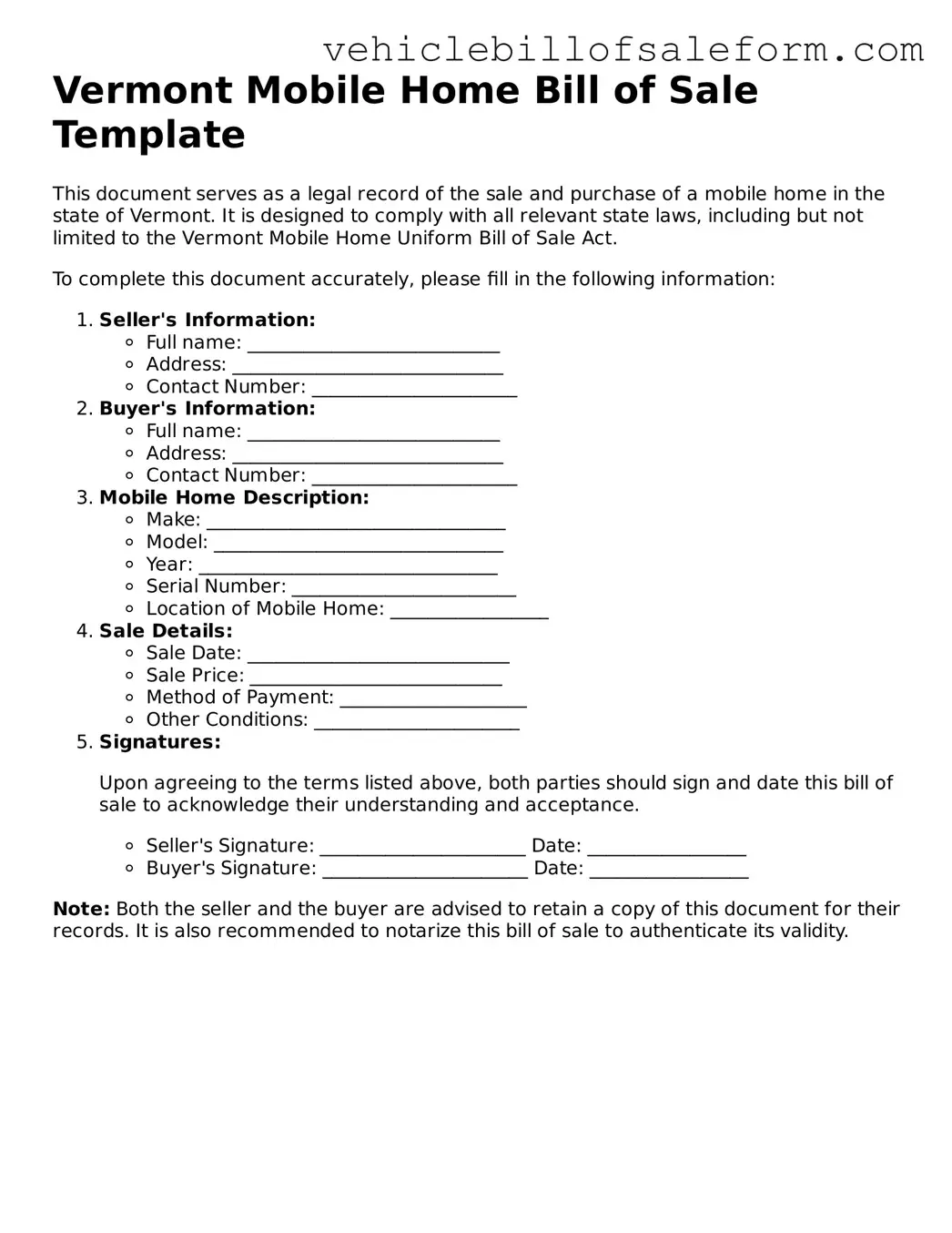 Printable  Mobile Home Bill of Sale Template for Vermont