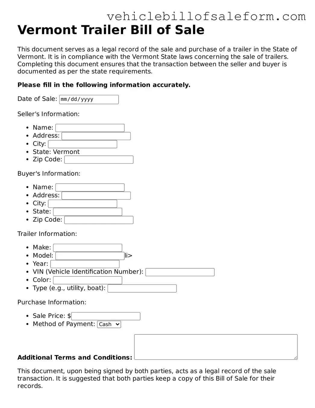 Printable  Trailer Bill of Sale Template for Vermont