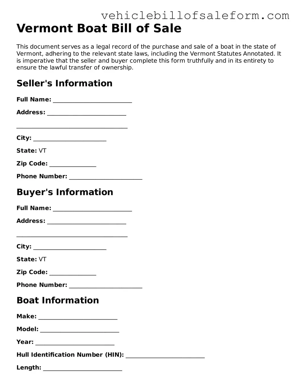 Printable  Boat Bill of Sale Template for Vermont