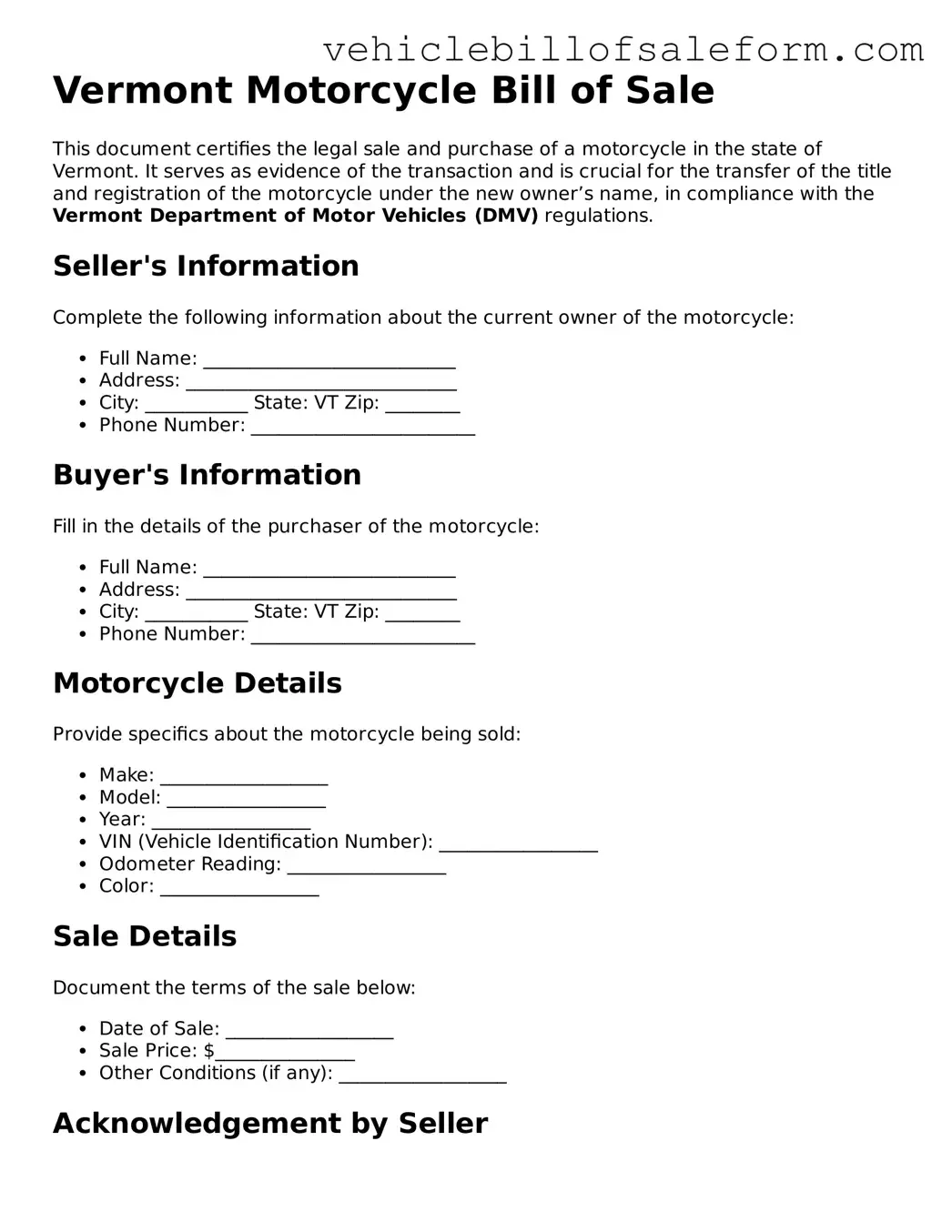Printable  Motorcycle Bill of Sale Template for Vermont