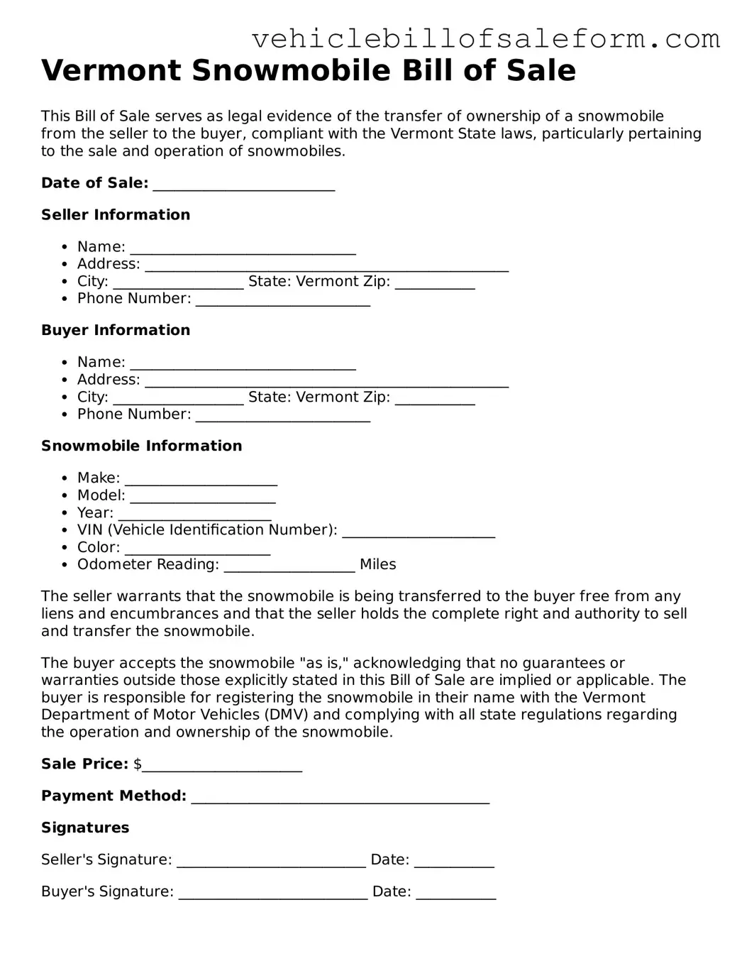 Printable  Snowmobile Bill of Sale Template for Vermont