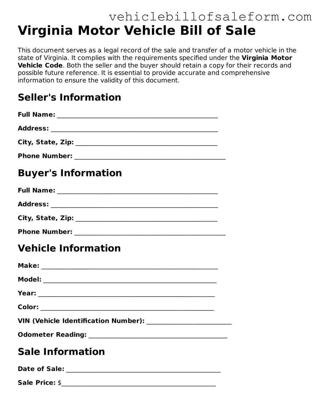 Printable  Motor Vehicle Bill of Sale Template for Virginia