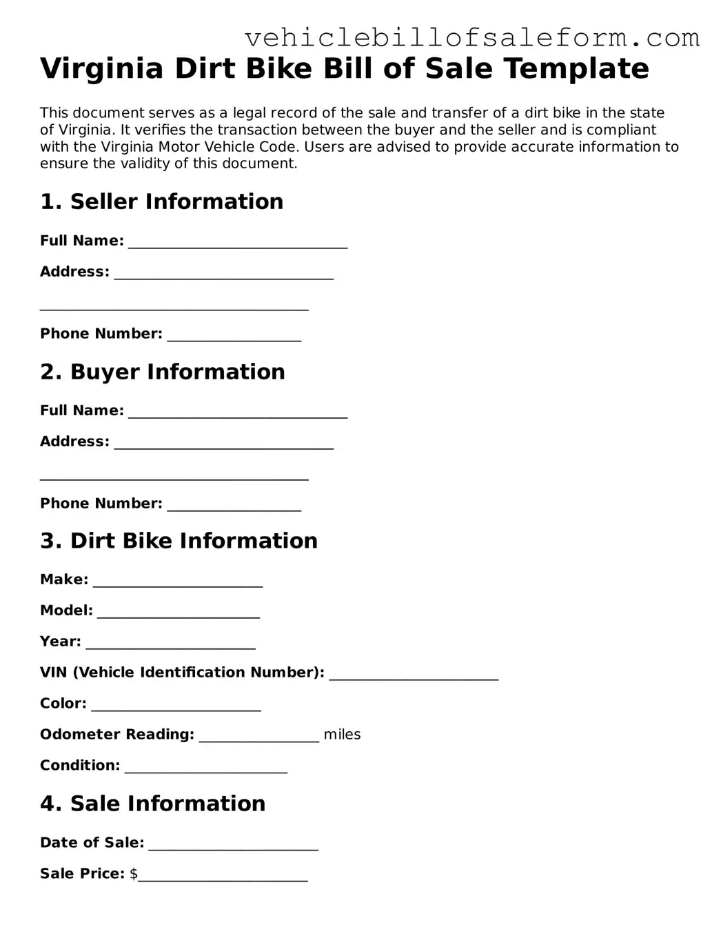 Printable  Dirt Bike Bill of Sale Template for Virginia