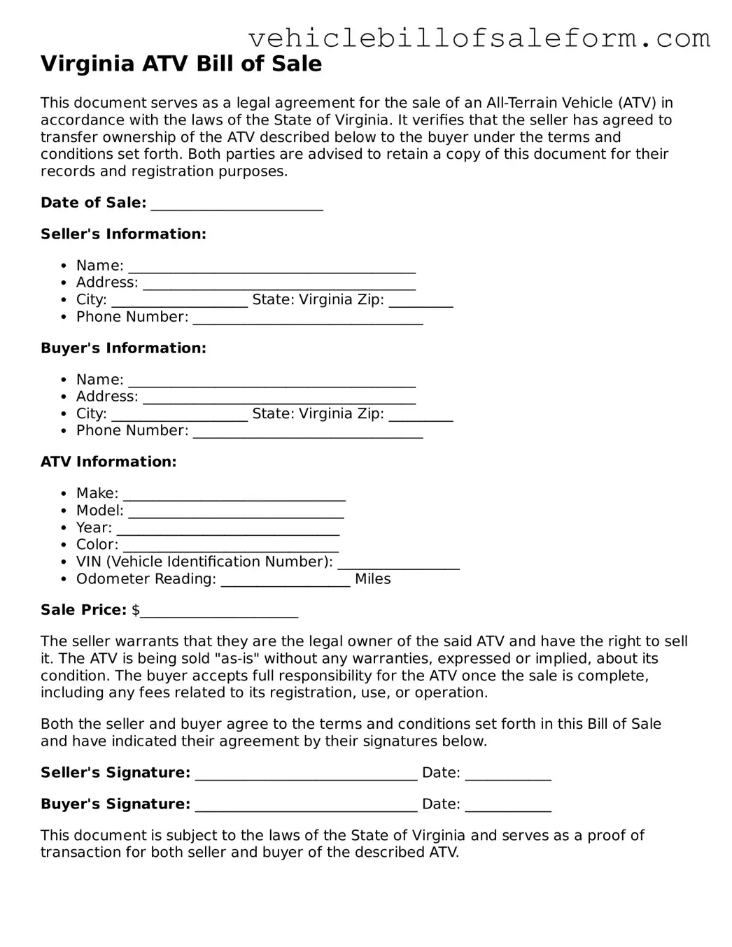 Printable  ATV Bill of Sale Template for Virginia