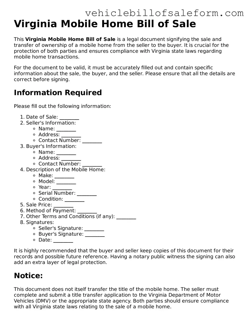 Printable  Mobile Home Bill of Sale Template for Virginia