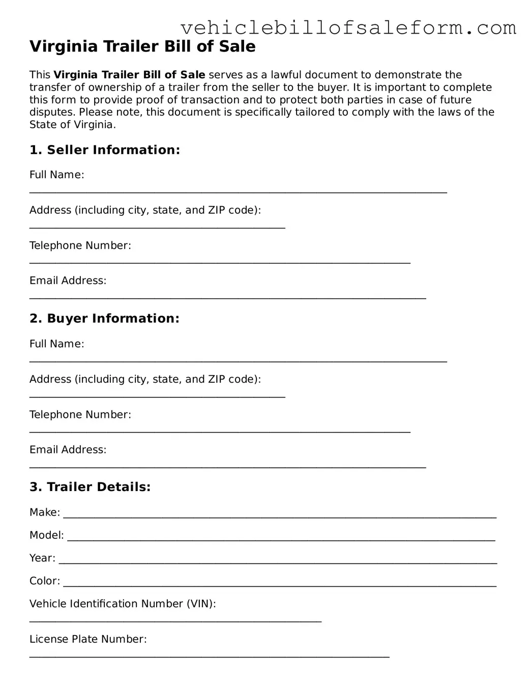 Printable  Trailer Bill of Sale Template for Virginia