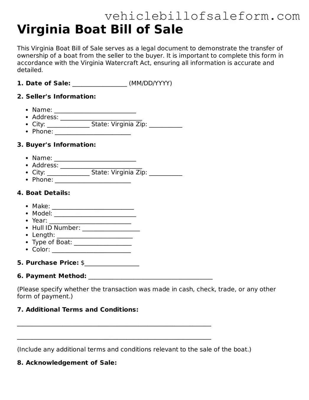 Printable  Boat Bill of Sale Template for Virginia