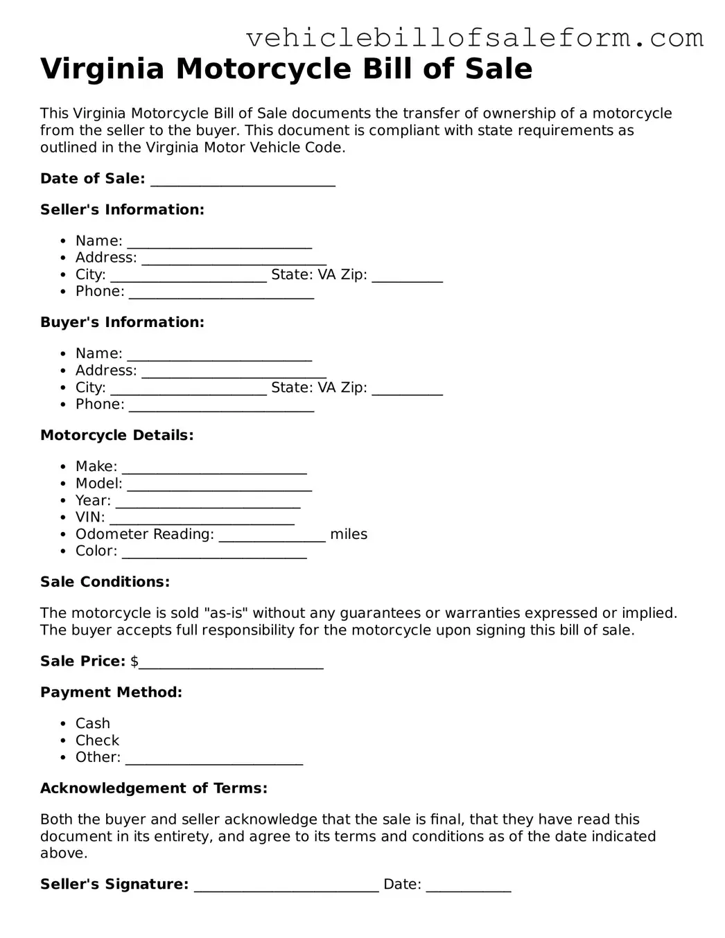 Printable  Motorcycle Bill of Sale Template for Virginia