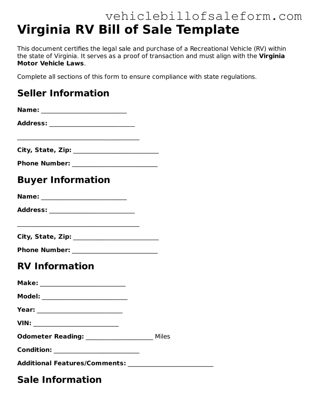Printable  RV Bill of Sale Template for Virginia