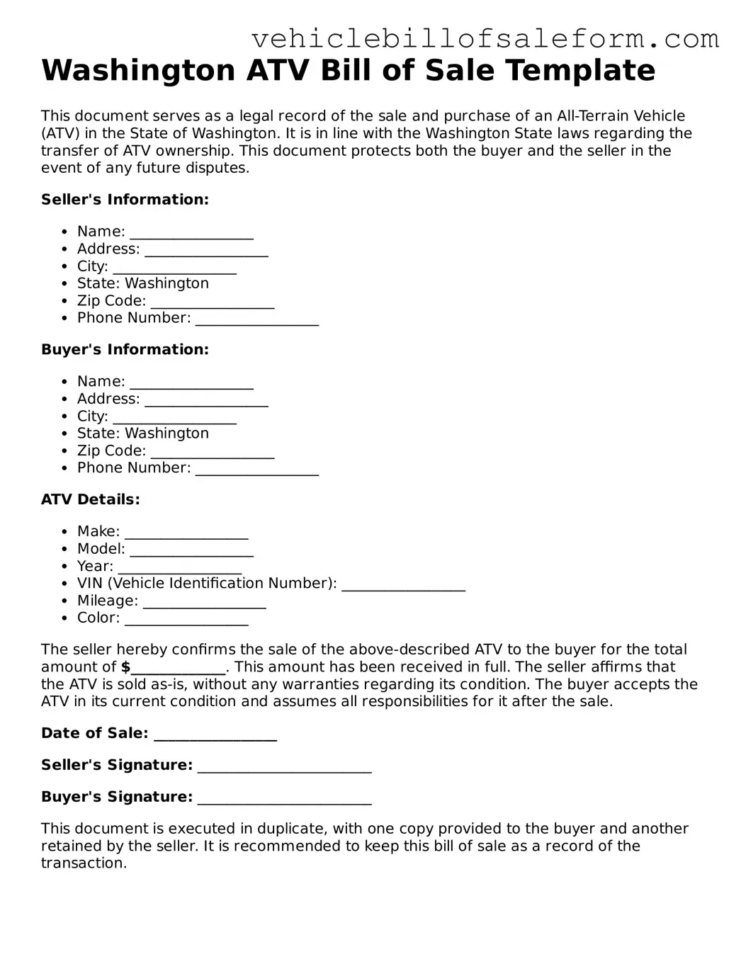 Printable  ATV Bill of Sale Template for Washington