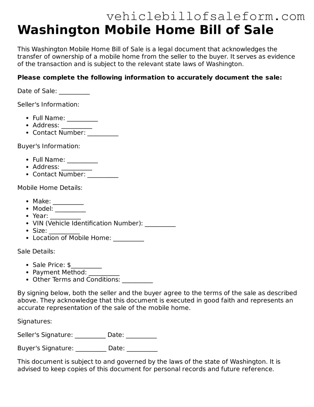 Printable  Mobile Home Bill of Sale Template for Washington