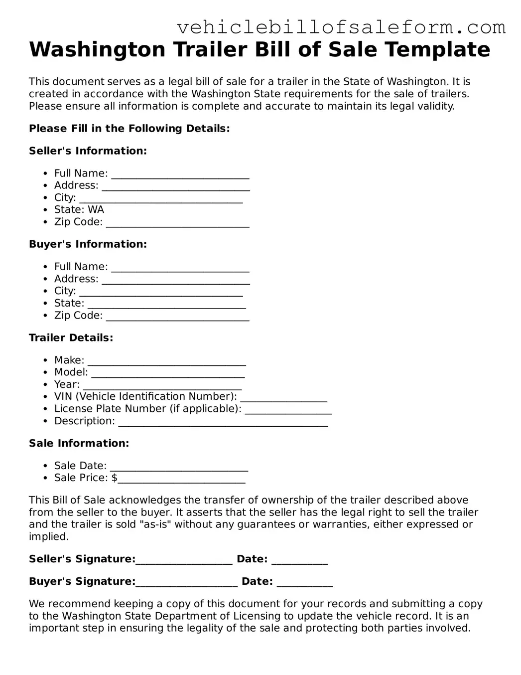 Printable  Trailer Bill of Sale Template for Washington