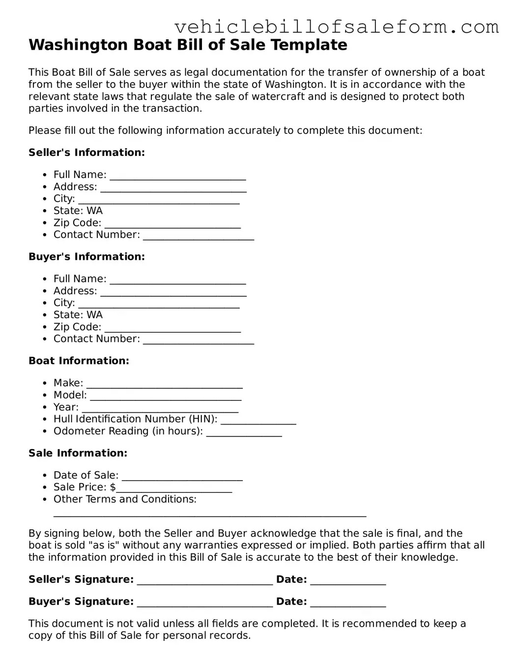 Printable  Boat Bill of Sale Template for Washington