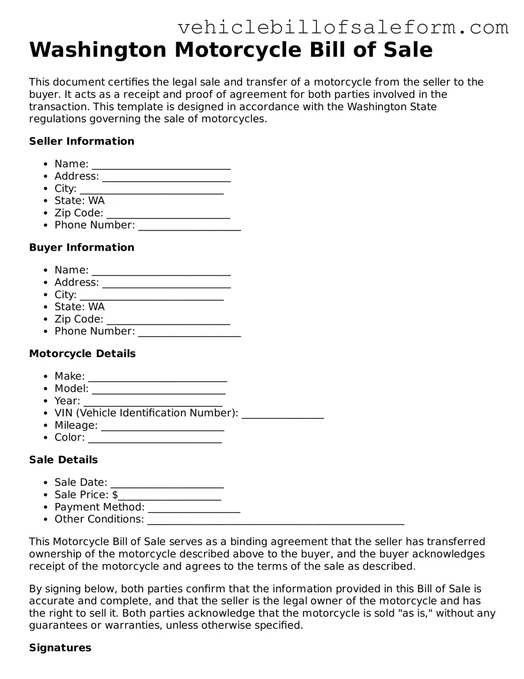 Printable  Motorcycle Bill of Sale Template for Washington