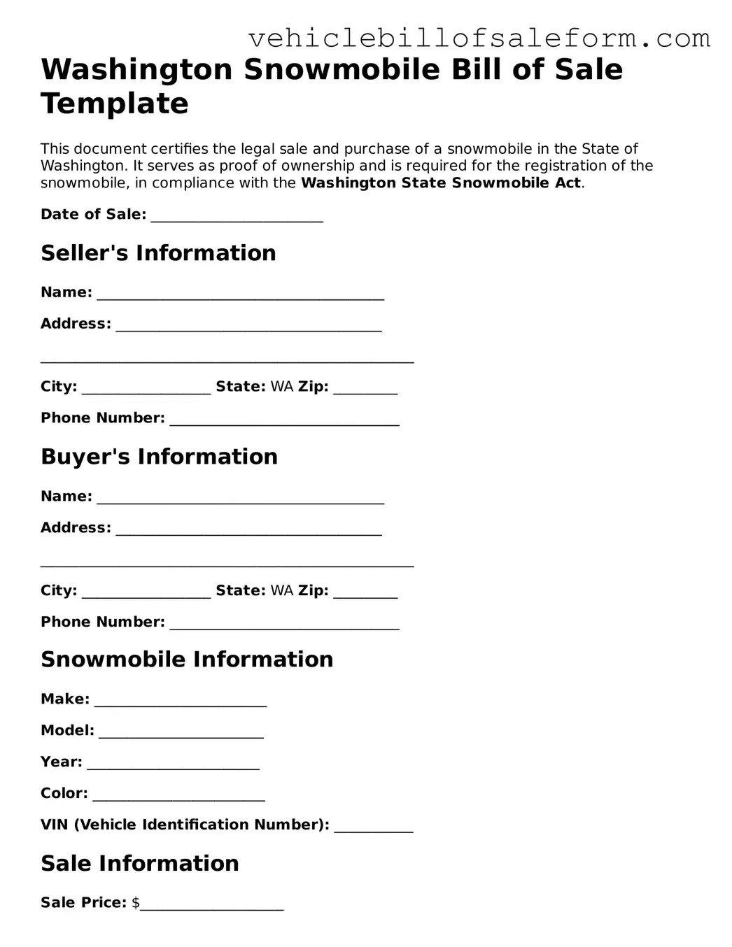 Printable  Snowmobile Bill of Sale Template for Washington