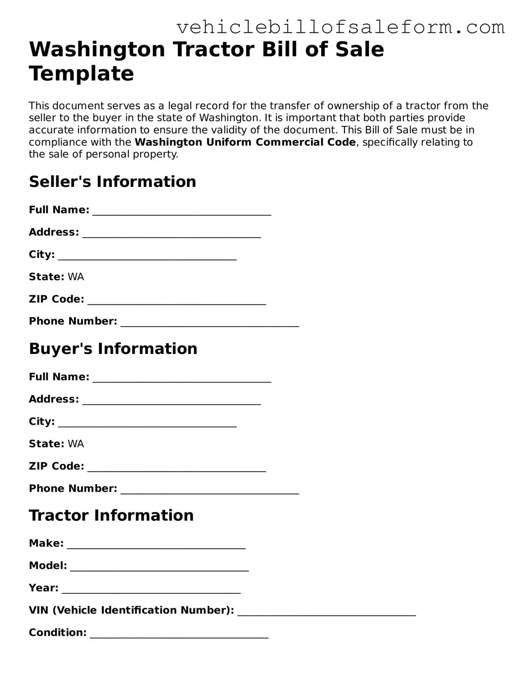 Printable  Tractor Bill of Sale Template for Washington