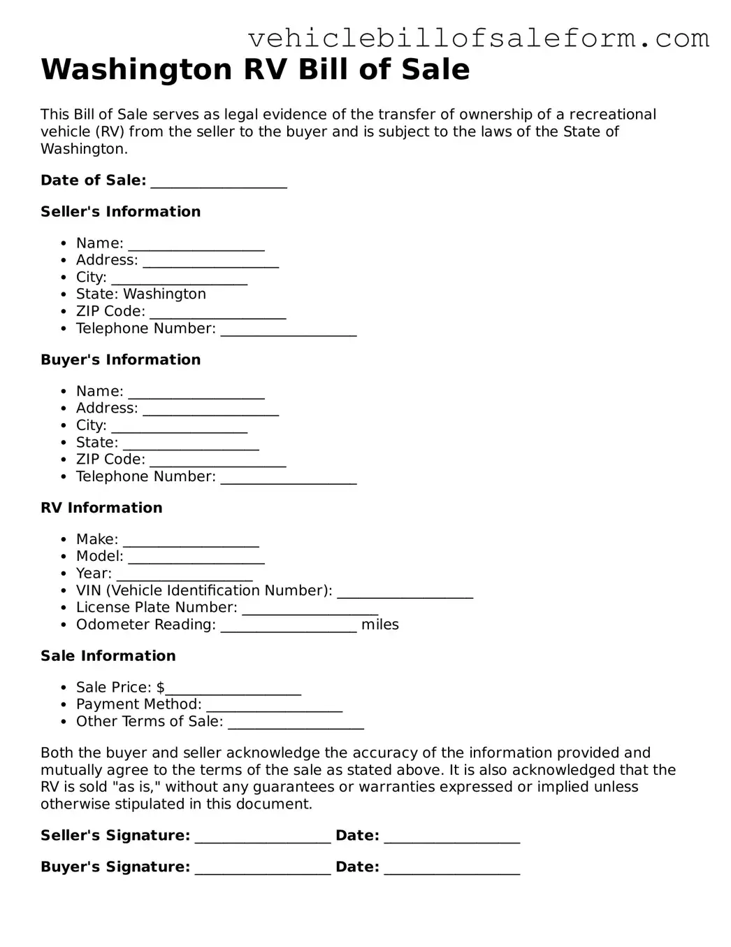 Printable  RV Bill of Sale Template for Washington