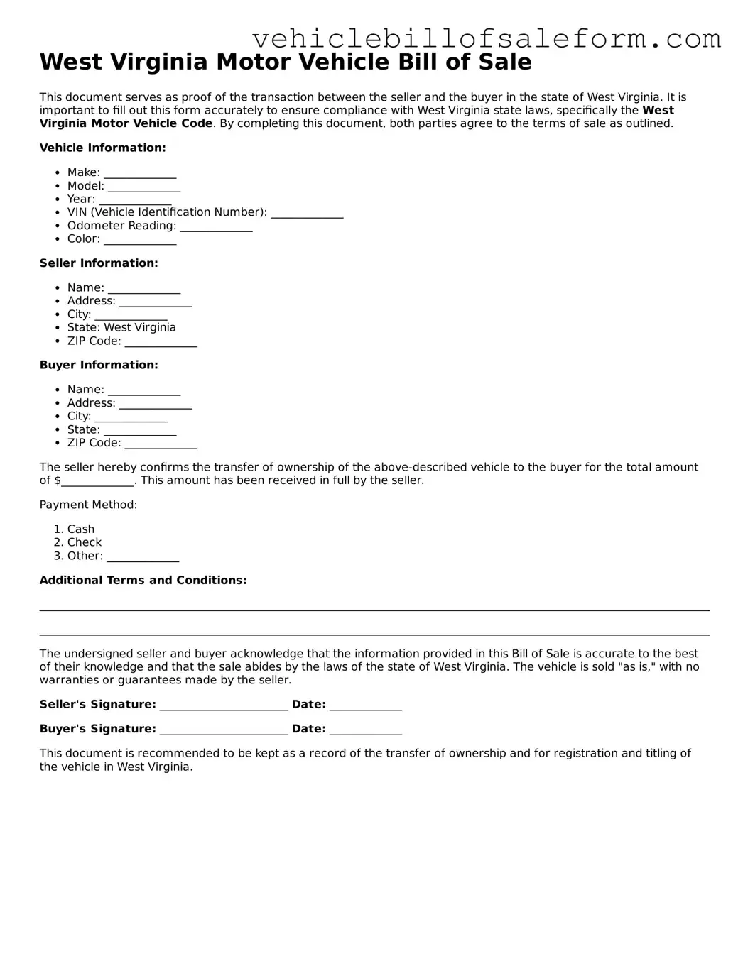 Printable  Motor Vehicle Bill of Sale Template for West Virginia