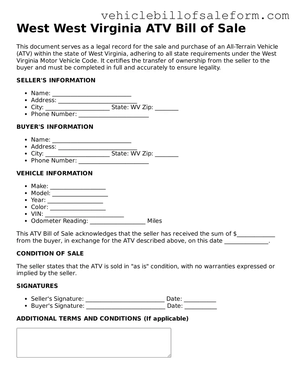 Printable  ATV Bill of Sale Template for West Virginia