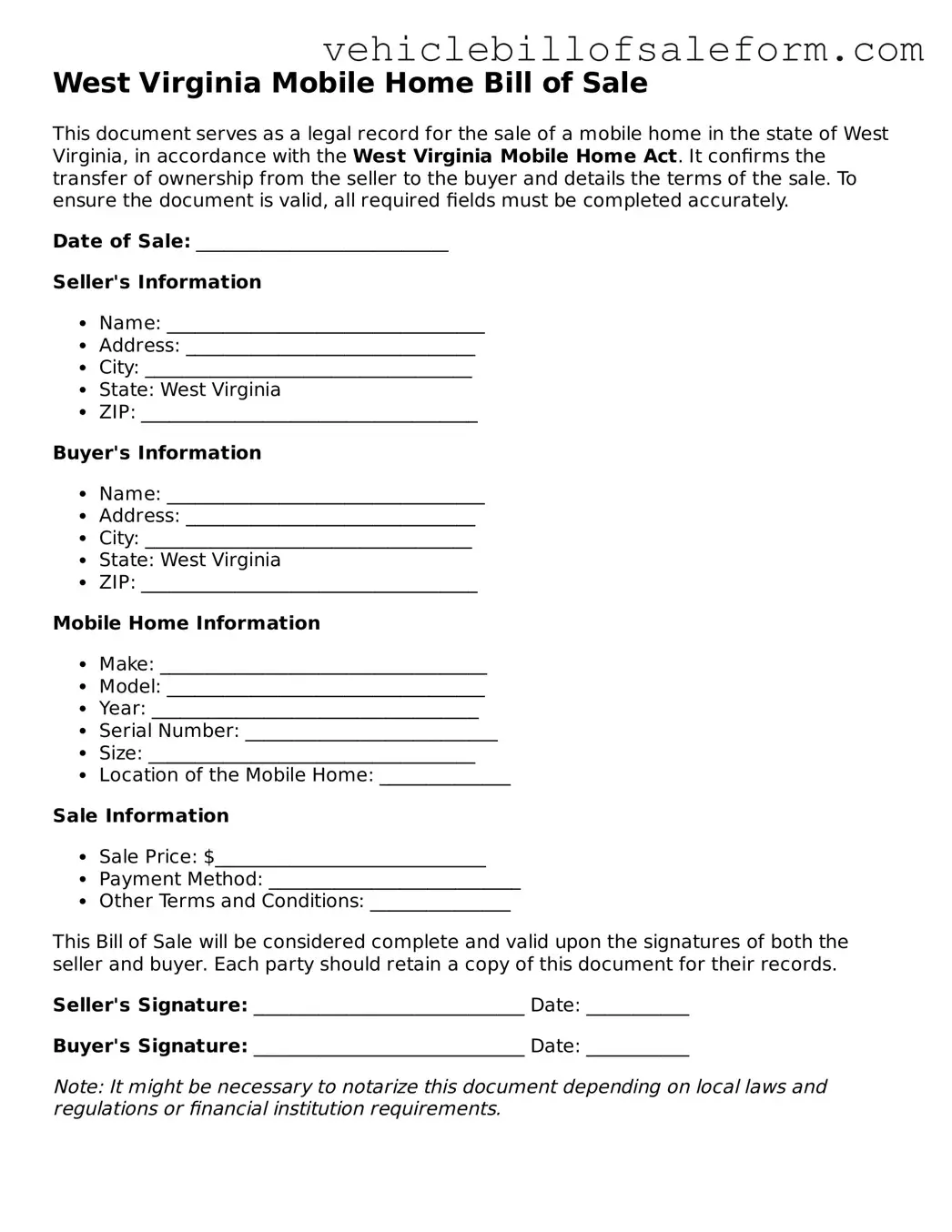 Printable  Mobile Home Bill of Sale Template for West Virginia