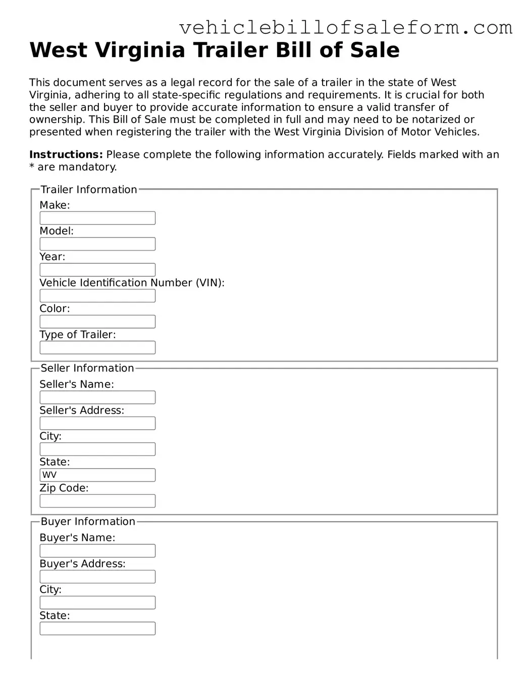 Printable  Trailer Bill of Sale Template for West Virginia