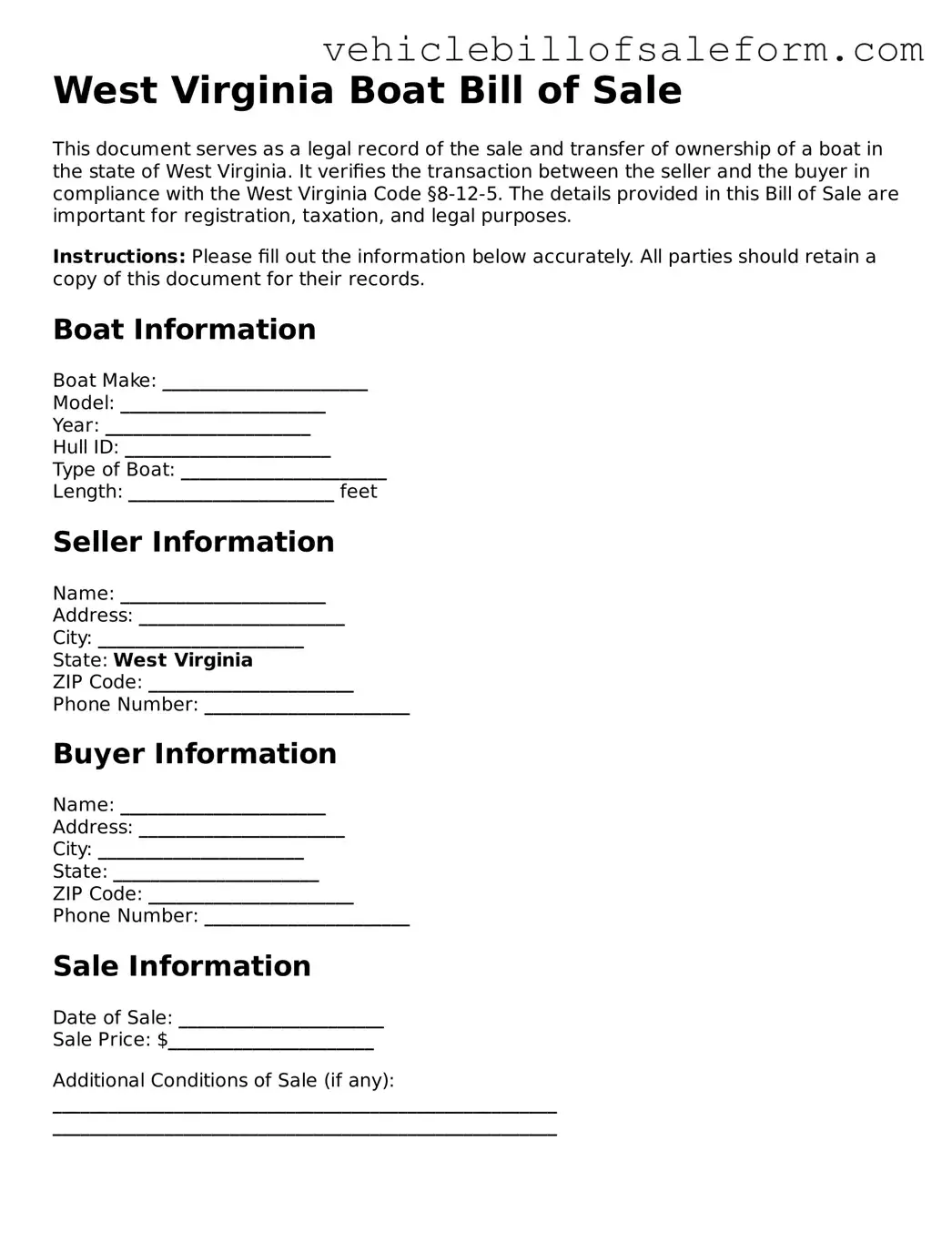 Printable  Boat Bill of Sale Template for West Virginia