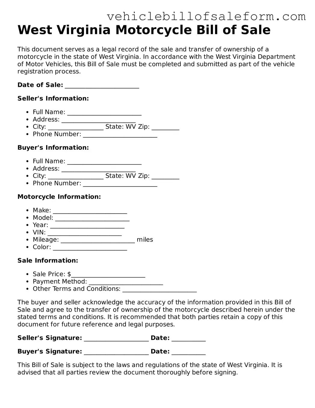Printable  Motorcycle Bill of Sale Template for West Virginia