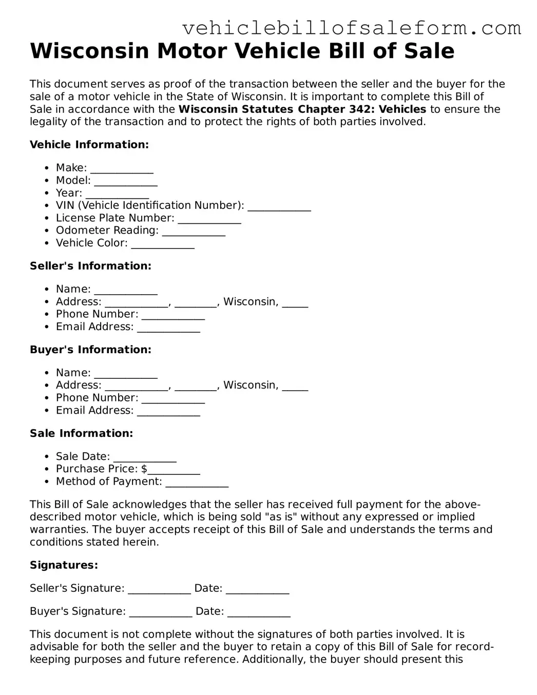 Printable  Motor Vehicle Bill of Sale Template for Wisconsin