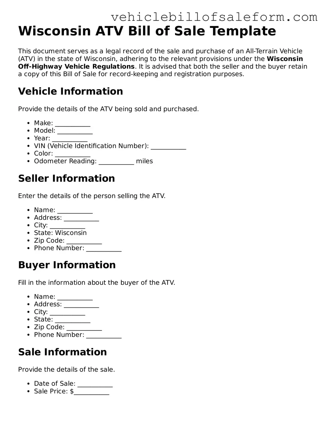 Printable  ATV Bill of Sale Template for Wisconsin