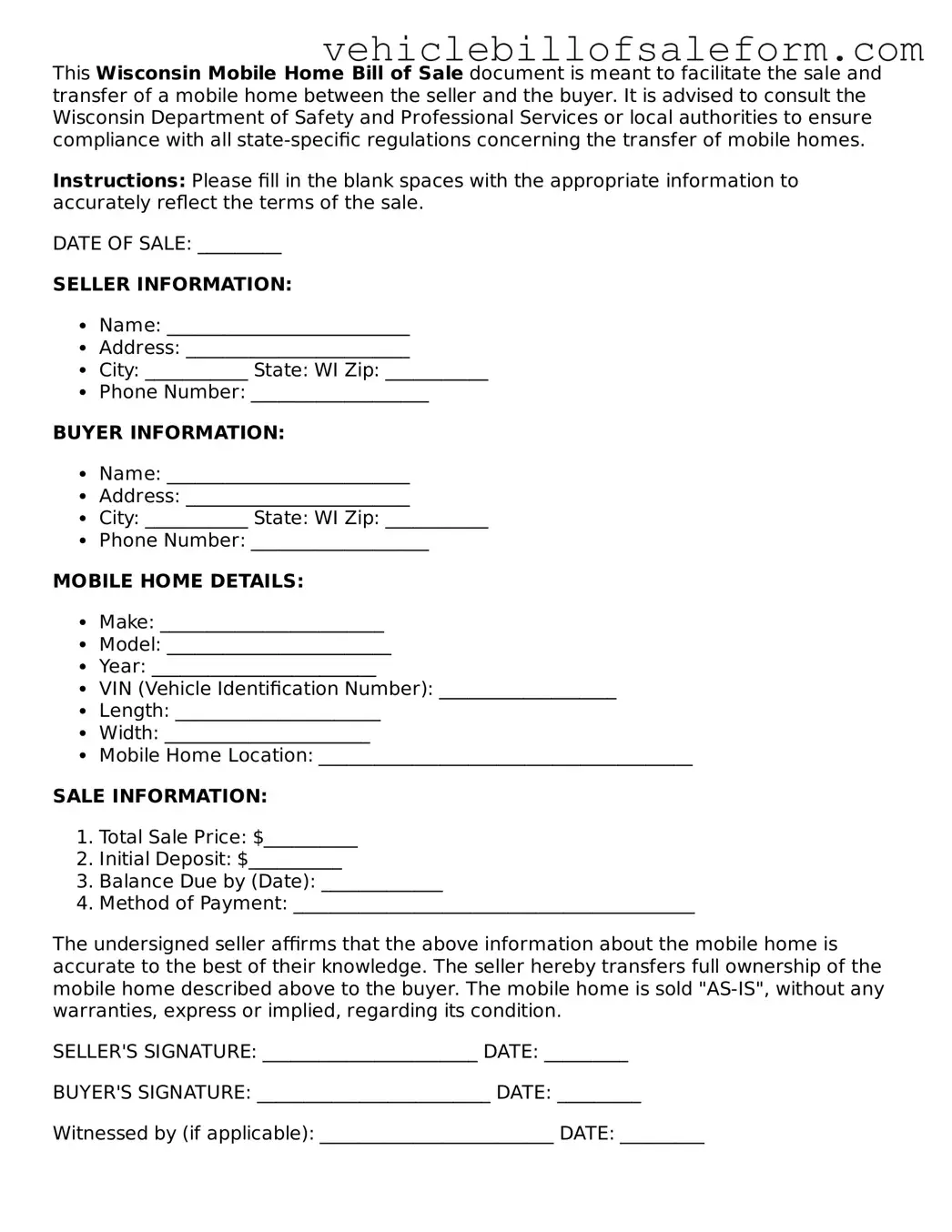Printable  Mobile Home Bill of Sale Template for Wisconsin