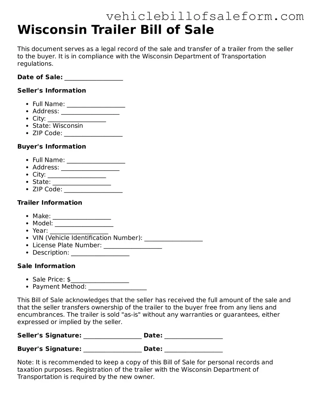 Printable  Trailer Bill of Sale Template for Wisconsin