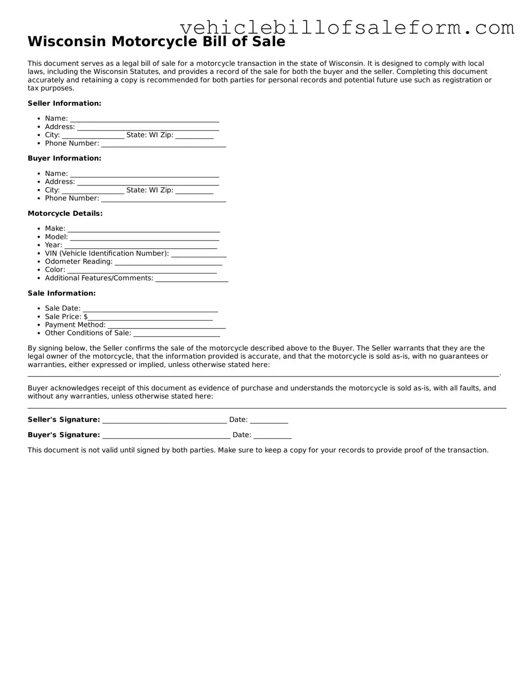 Printable  Motorcycle Bill of Sale Template for Wisconsin
